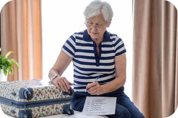 Woman sitting by her suitcase writing a travel checklist