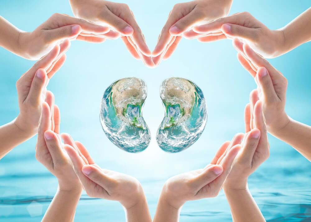 Multiple hands form the shape of a heart surrounding two kidney shapes, which have images of the Earth superimposed on them.